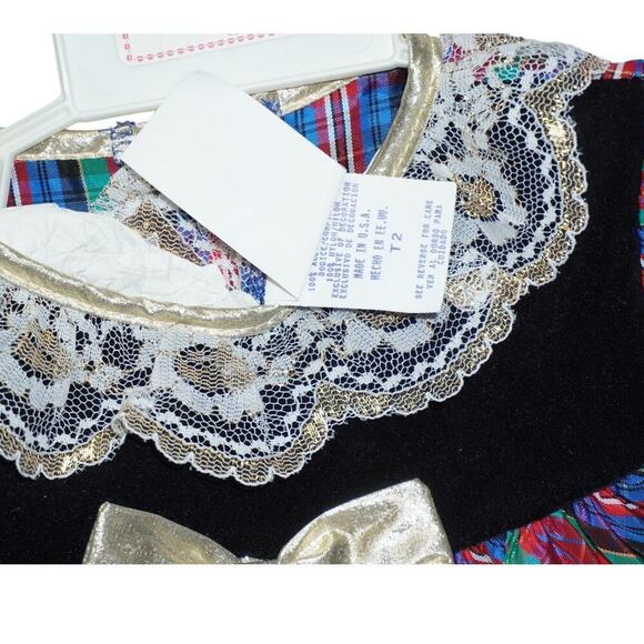 Vintage 80s/90s Plaid Tiered Party Dress Lace Collar Velvet Yoke 2T - Picture 6 of 7
